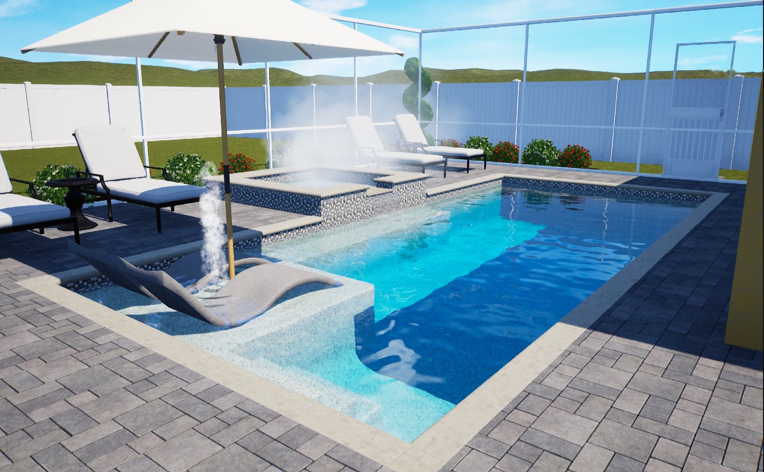 Vip3D daylight render of a rectangular pool, raised spa and screen enclosure