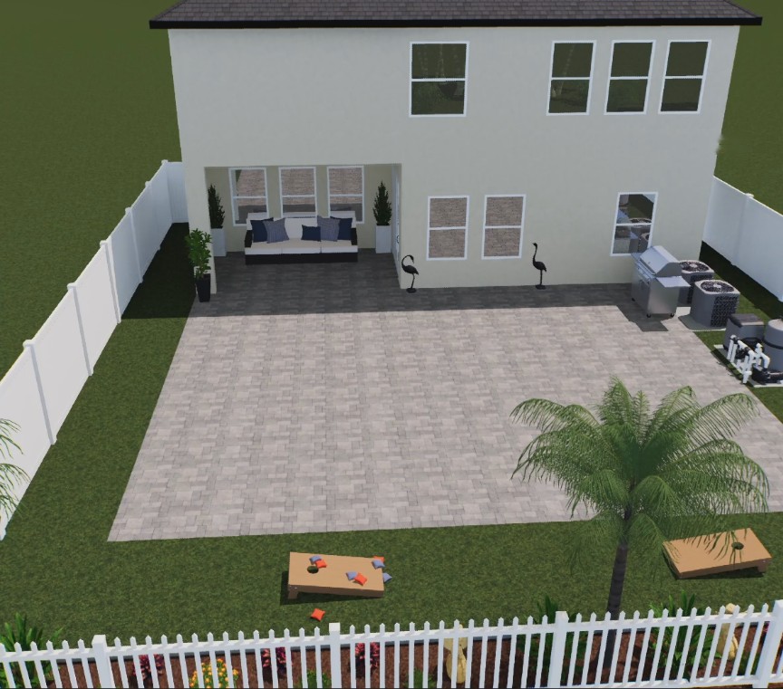 After: measured Vip3D house and yard model with paving and landscaping, before the pool is designed in